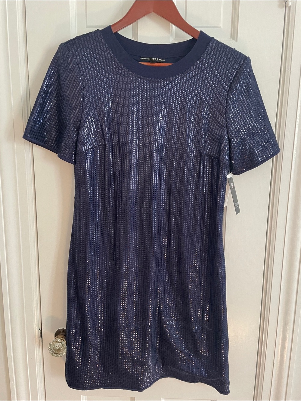 Guess Navy Blue Sequin Short Sleeve Dress